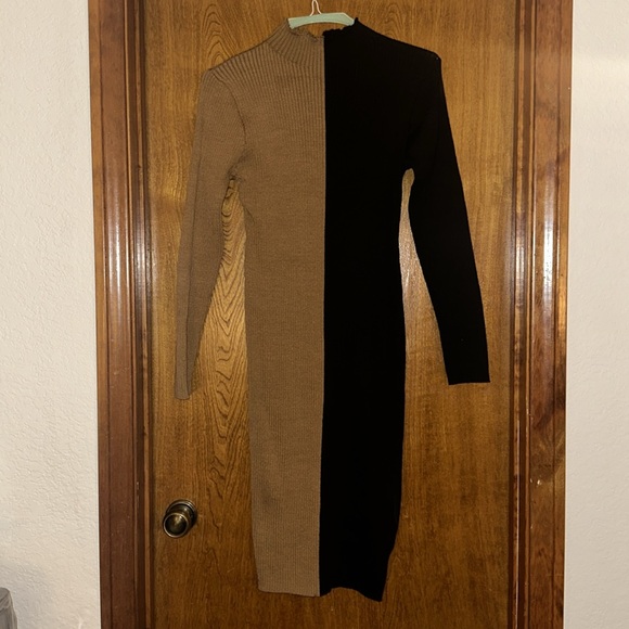 NWT Two Toned Brown Black Ribbed MIDI Sweater Dress - Picture 4 of 10